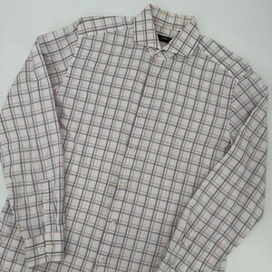 BOSS Hugo Boss Shirt Mens 16 Large White Pink Blue Plaid 100% Cotton Long Sleeve